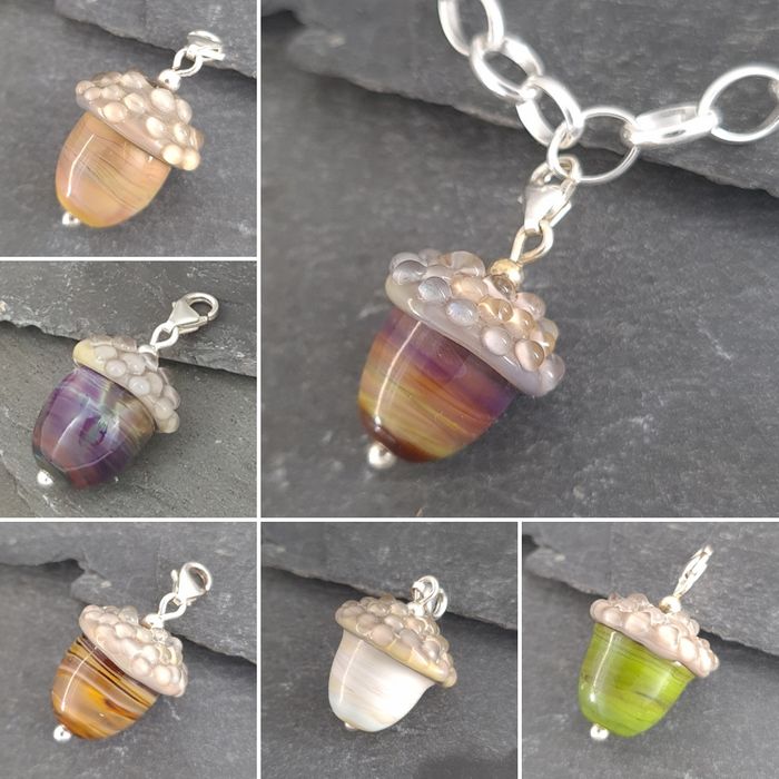 Acorn Clip on Charms, lampwork glass and sterling silver - Flora Collection